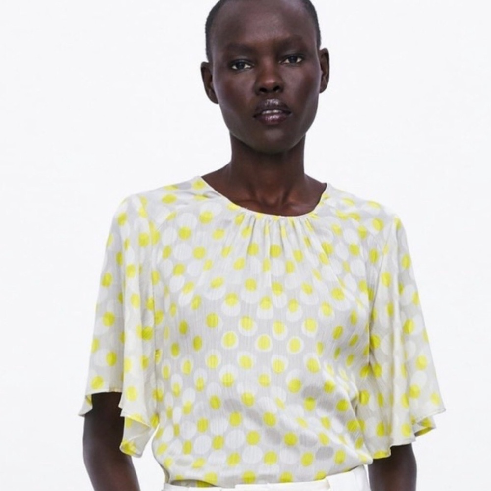 ZARA Yellow and Silver Polka Dot Blouse Size XL